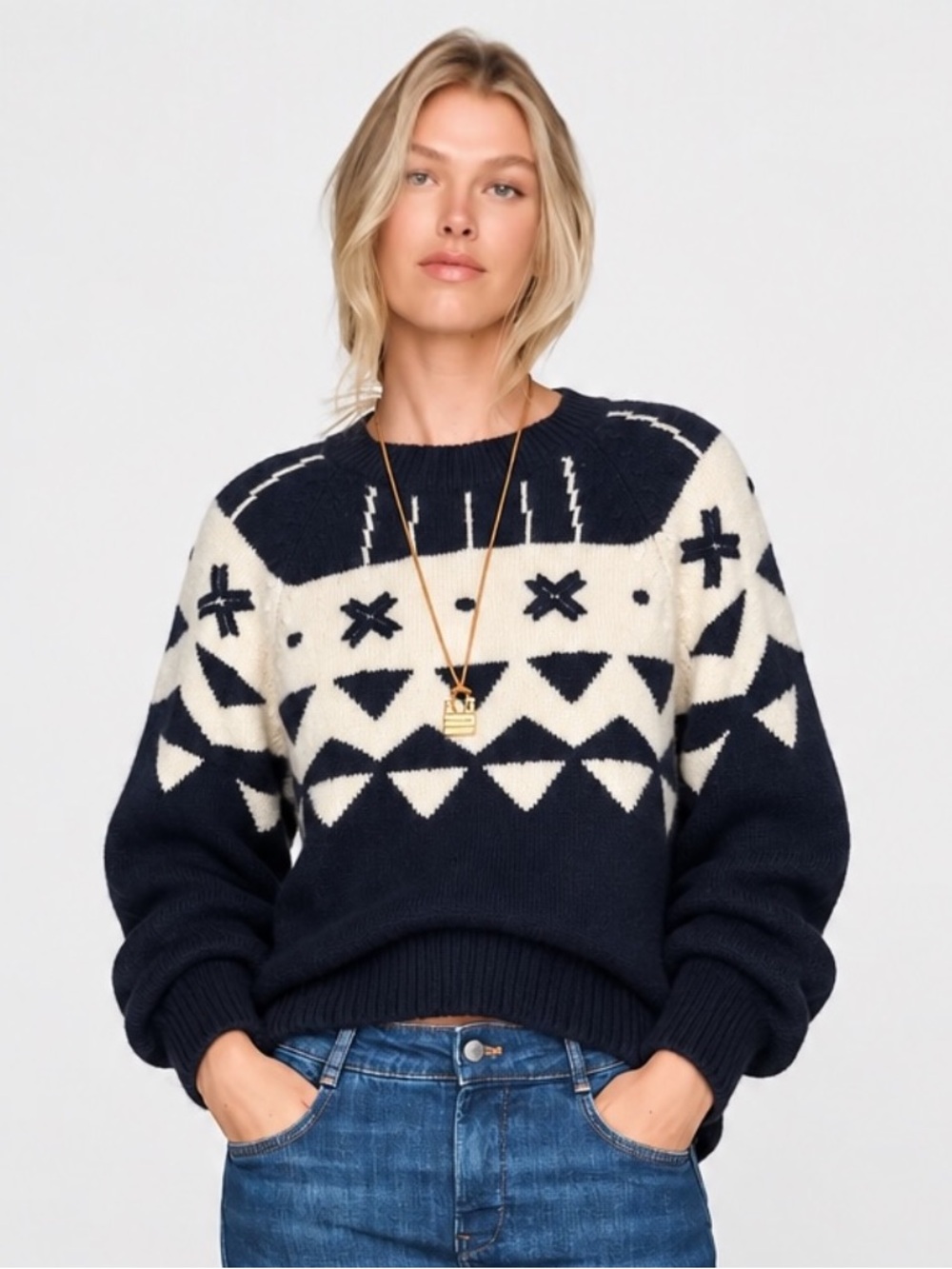 Vintage TAMIKO Geometric Knit 100% Wool Ski Sweater Black White Medium